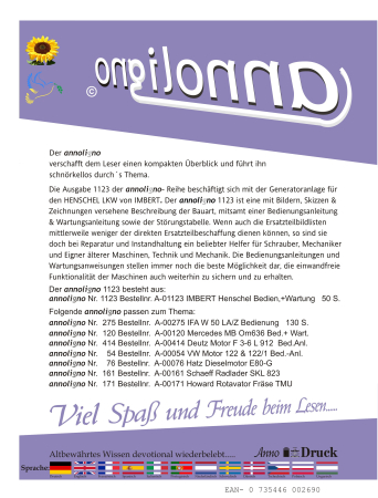 IMBERT Generator Anlage im Henschel LKW Bauart Beschreibung Bedienungsanleitung Wartungsanleitung Sicherheit - annoligno 1123